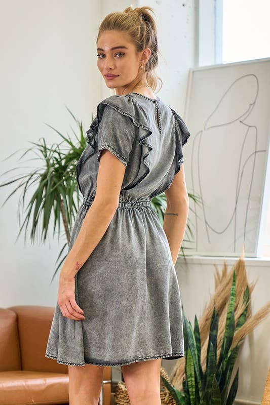 Short Sleeve Ruffle Denim Dress - 26840D