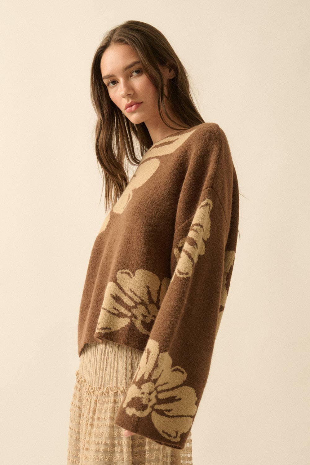Solid Contrasting Floral Sweater