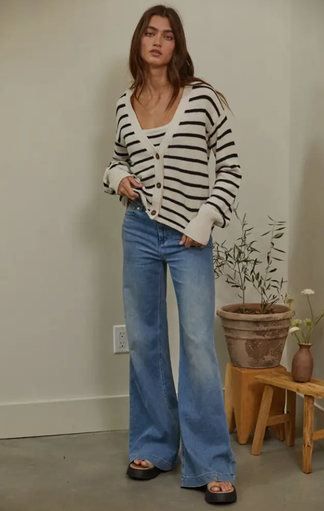 Knit Sweater Cotton Stripe V-Neck Cardigan