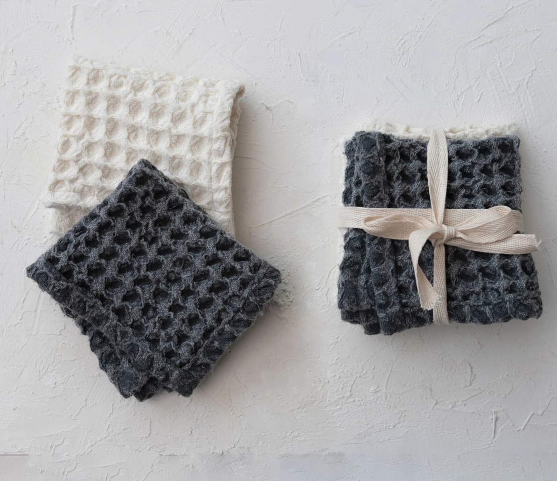 11.5" Cotton Waffle Weave Dish Cloths w/ Loops, Set of 2