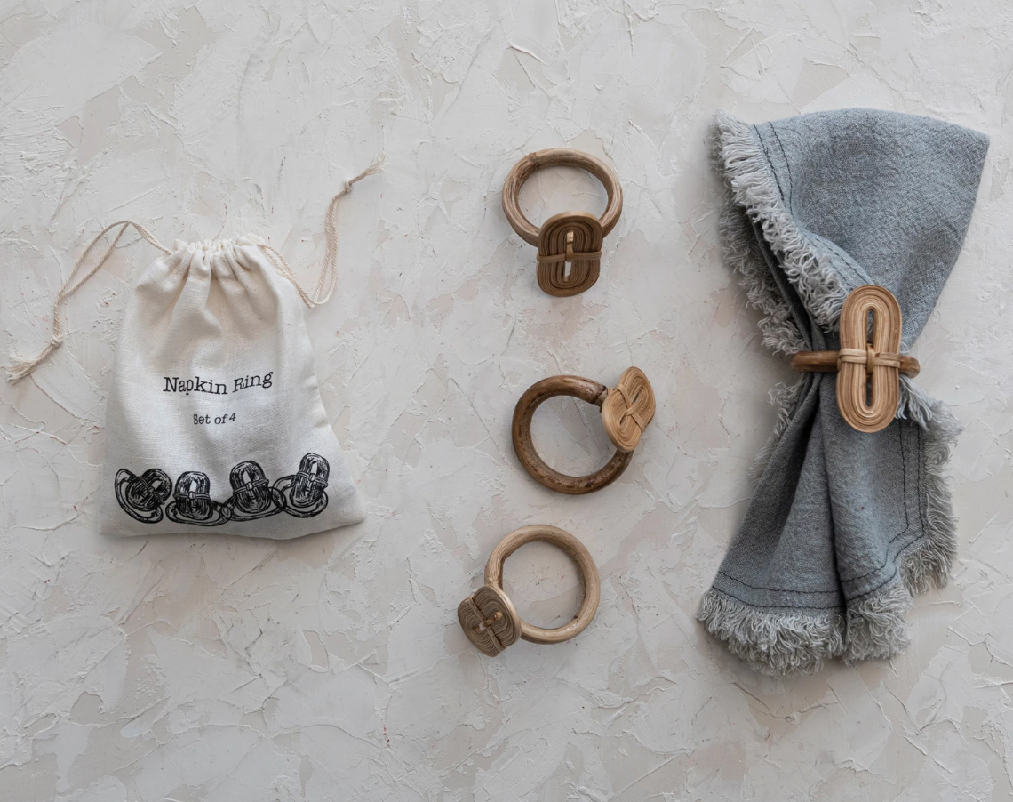 Handmade Bamboo Napkin Rings, Natural, Set of 4 in Printed Drawstring Bag