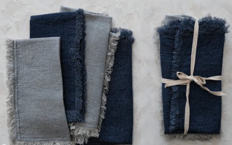 18" Sq Linen Blend Napkins w Fringe, Navy & Light Blue