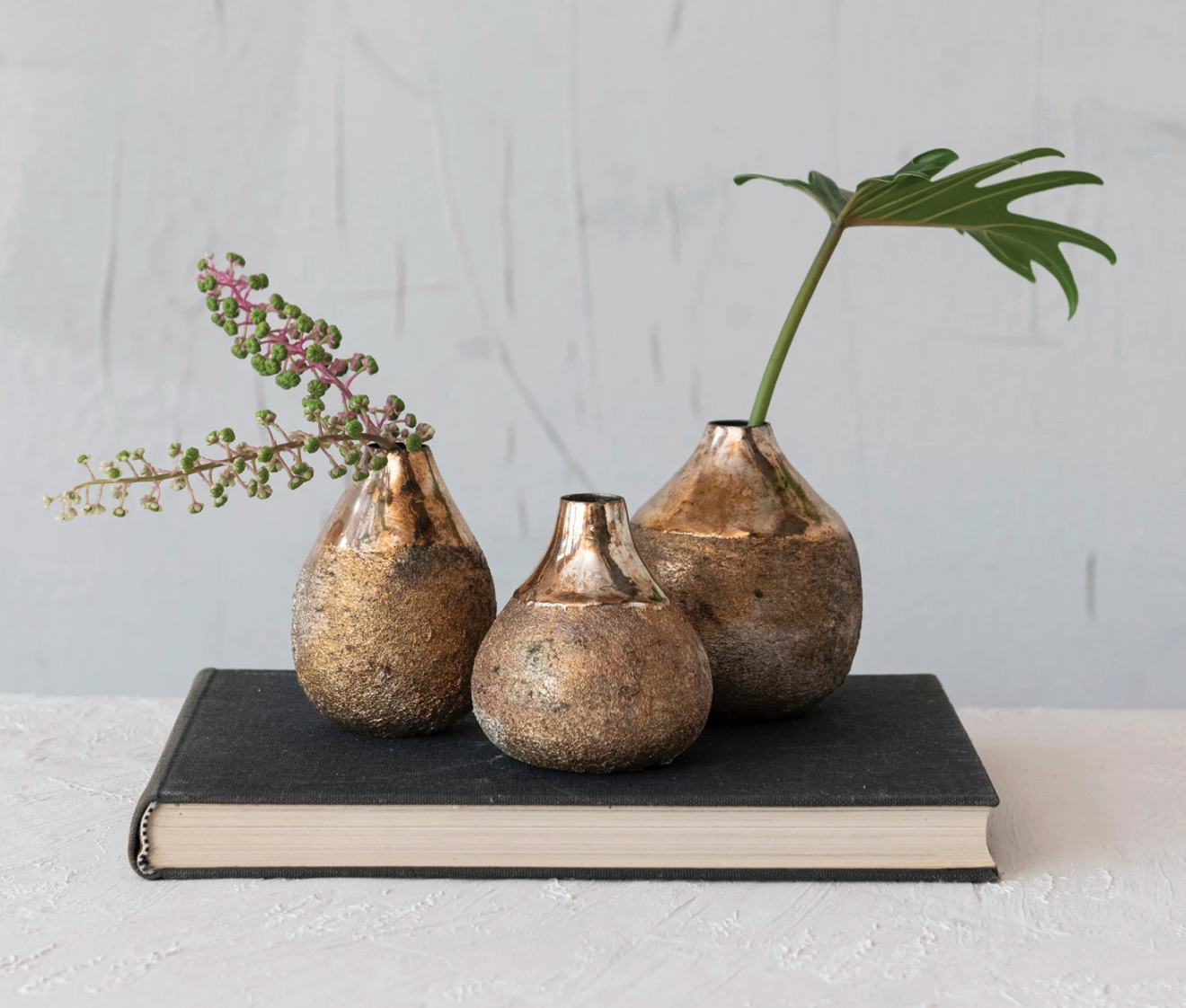 Metal Vases, Burnt Gold Finish, Set of 3