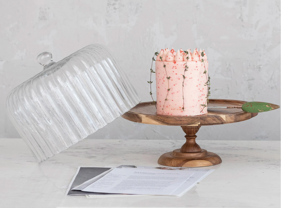 Acacia Wood Pedestal w/ Fluted Glass Cloche