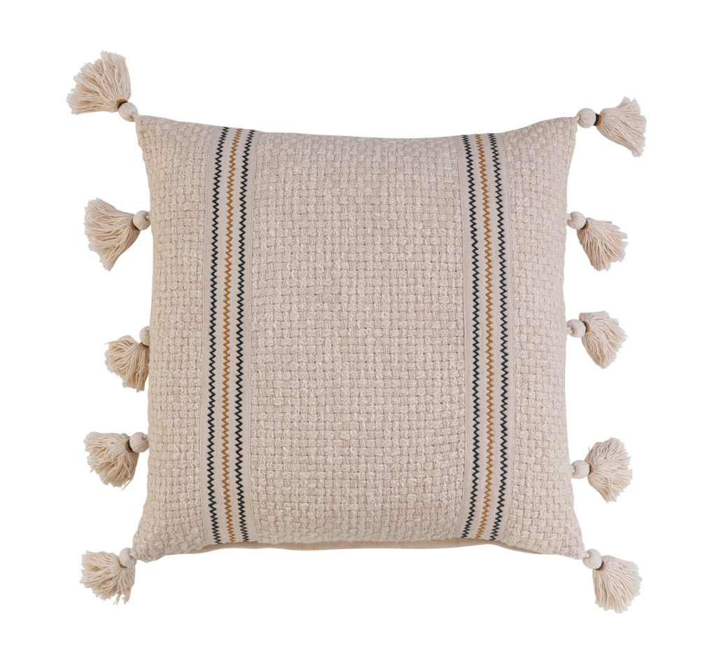 18" Square Woven Cotton Pillow w/ Embroidery & Tassels