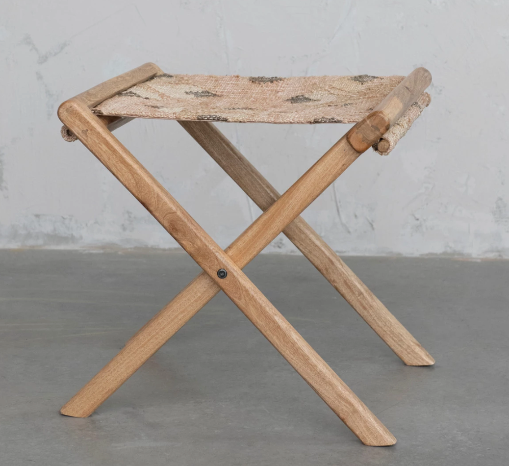 Mango Wood & Jute Kilim Folding Stool