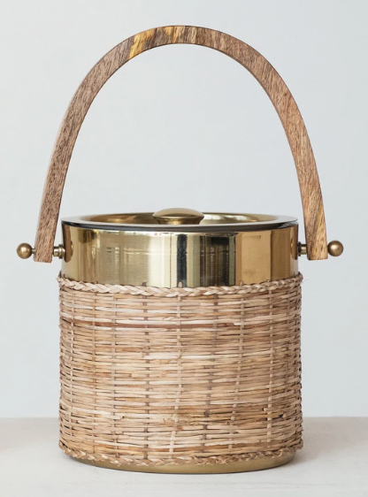 1-1/2 Quart Stainless Steel & Woven Rattan Ice Bucket w/ Mango Wood Handle