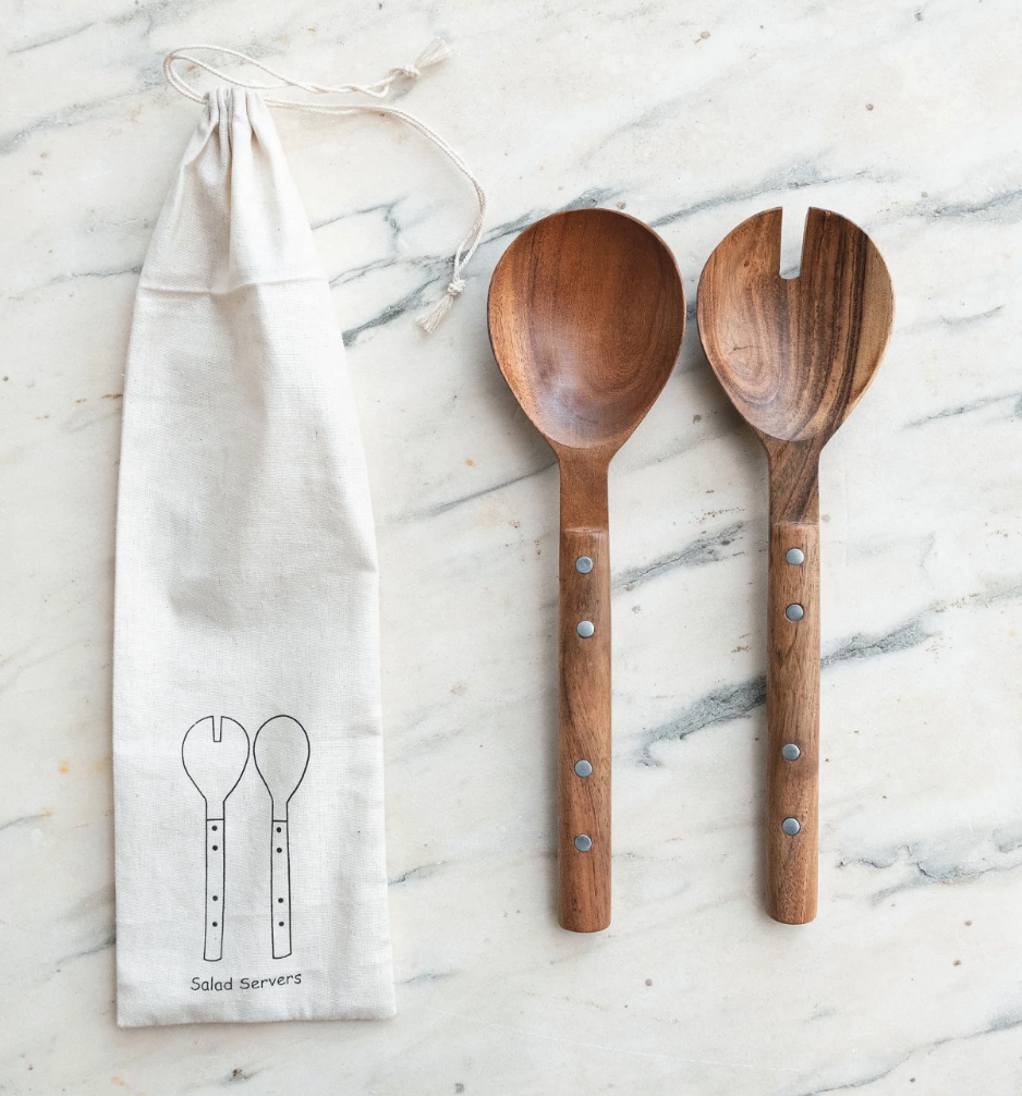 Mango Wood Salad Servers w/ Aluminum Studs, Set of 2 in Drawstring Bag
