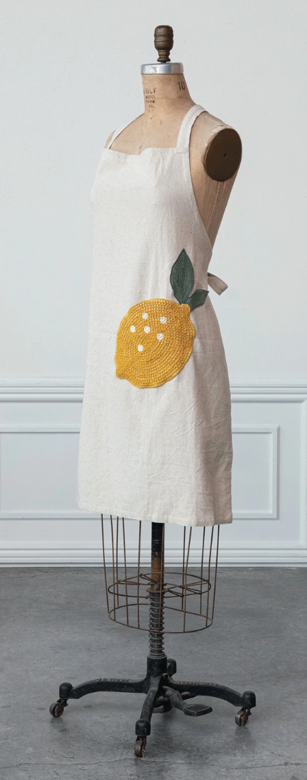 Cotton & Linen Apron w/ Embroidery & Crochet Lemon Shaped Pocket
