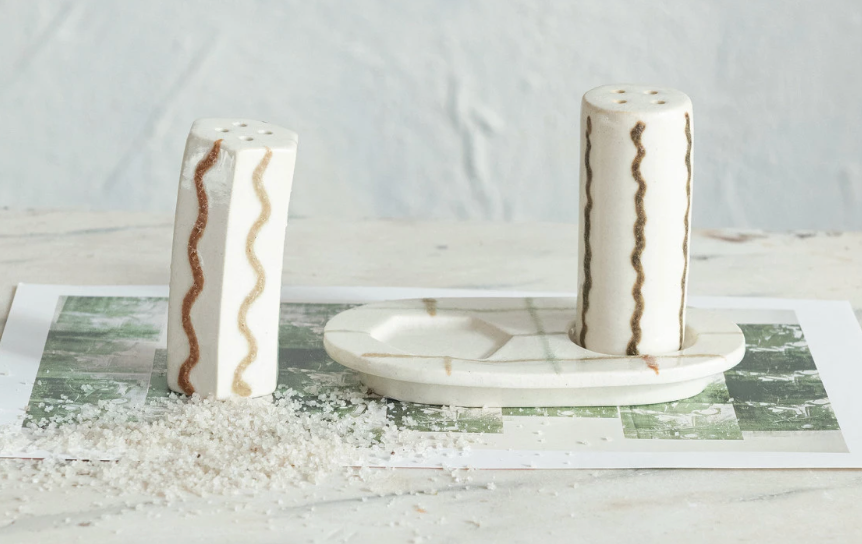 Hand-Painted Salt & Pepper Shakers w/ Tray, Set of 3 (Each One Will Vary)