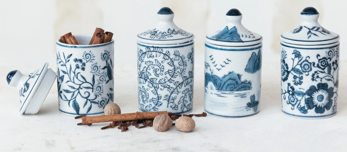 Hand-Painted Stoneware Spice Jar w/ Pattern, 4 Styles (Each One Will Vary)