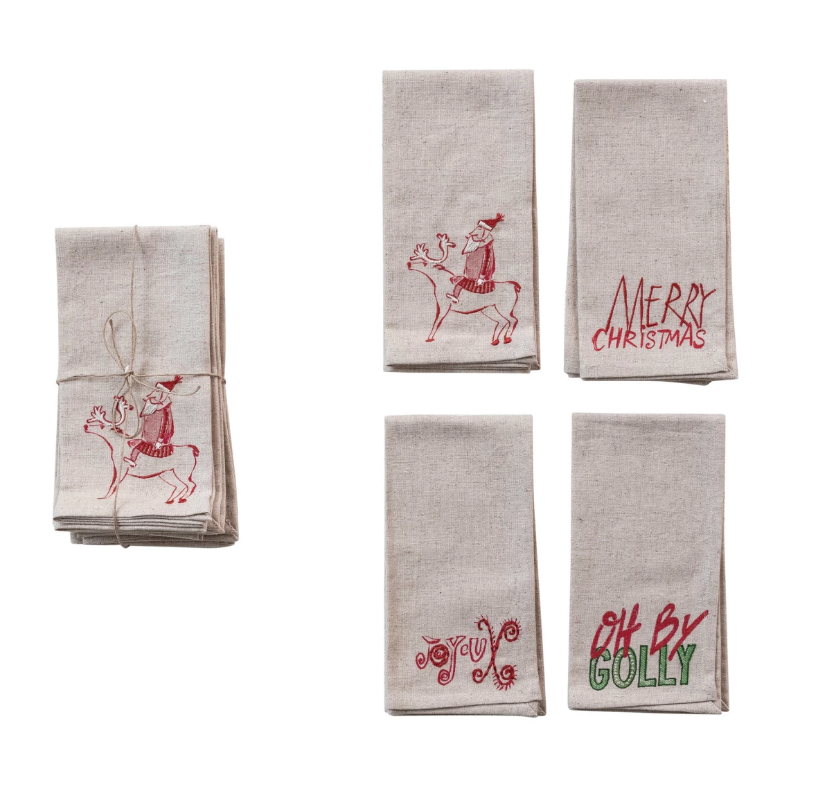Cotton Printed Napkins w/ Embroidered Christmas Saying/Image, Set of 4