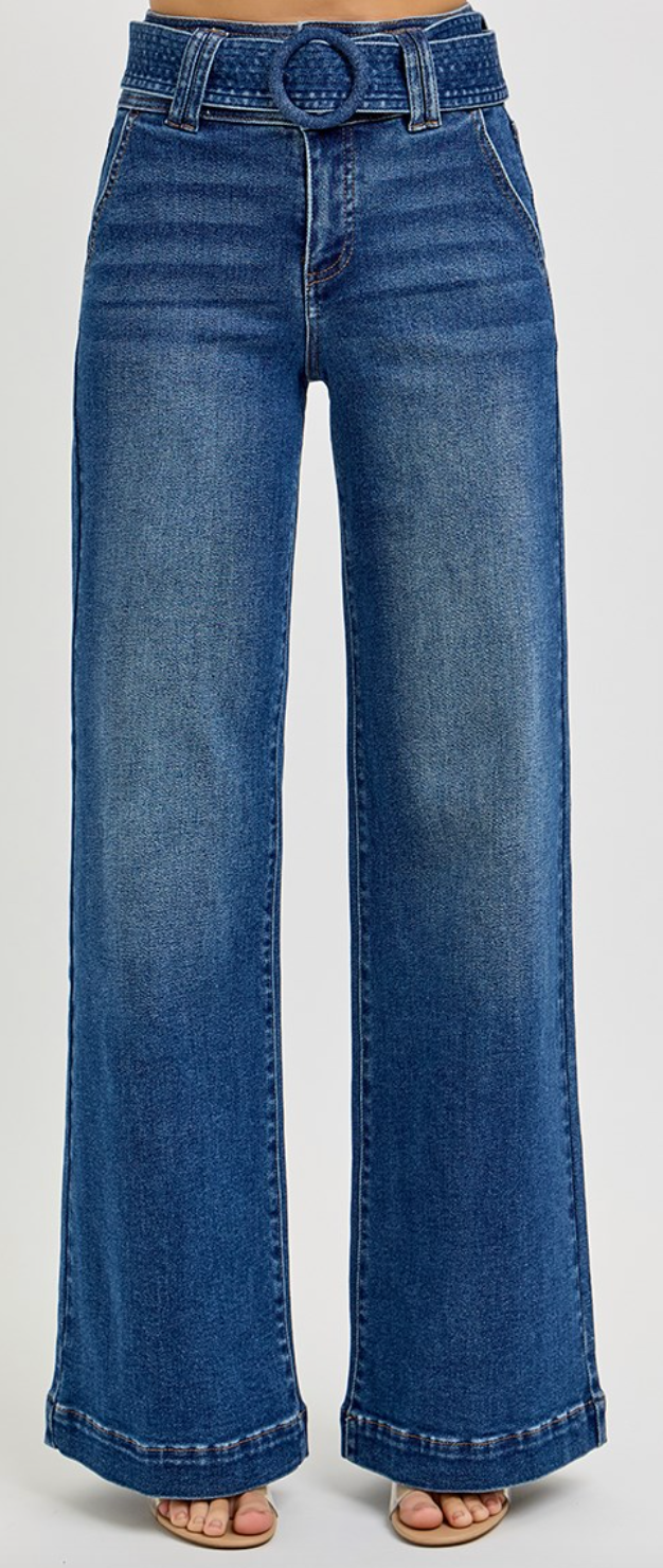 TUMMY CONTROL HIGH RISE WIDE LEG SELF BELTED JEANS