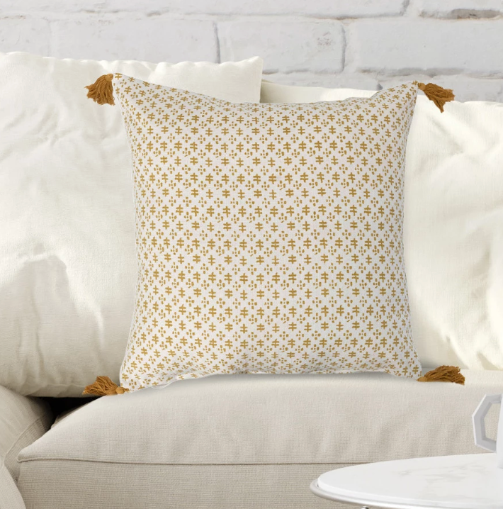 20" Cotton Pillow w/ Pattern & Tassels, Polyester Fill