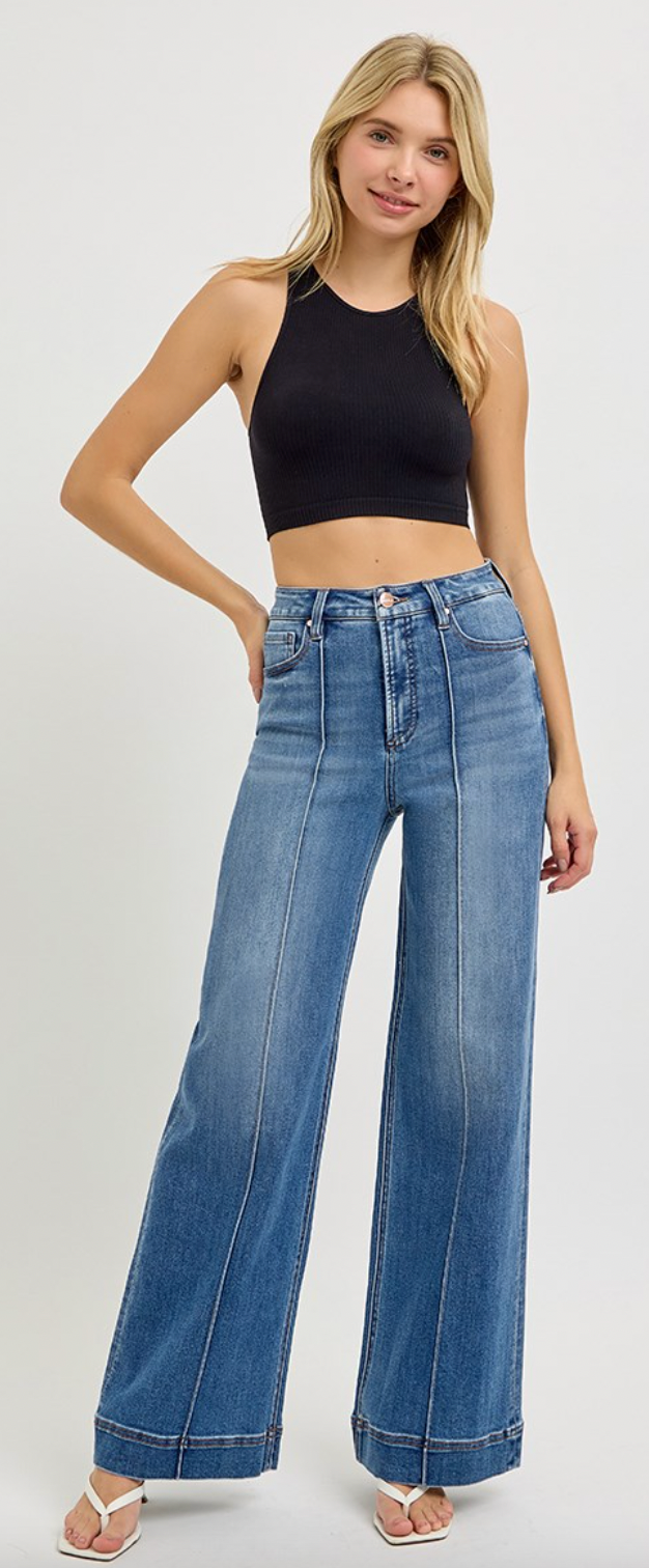 RISEN HIGH WAIST WIDE LEG PINTUCK DETAILED JEANS
