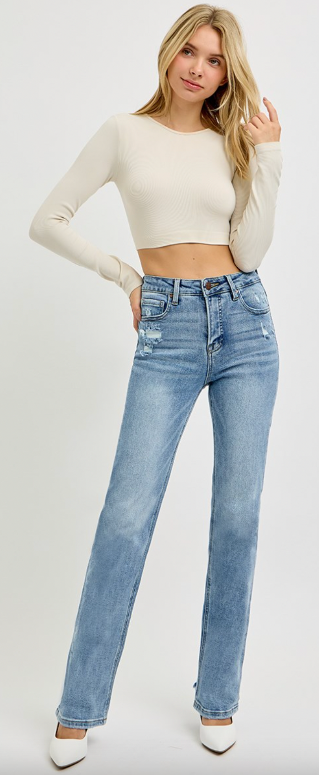 TUMMY CONTROL HIGH RISE STRAIGHT DISTRESSED JEANS