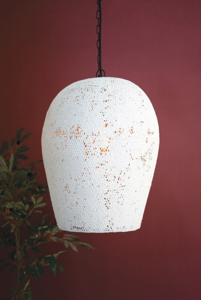 Large White Paper Mache and Metal Hanging Bell Pendant Light