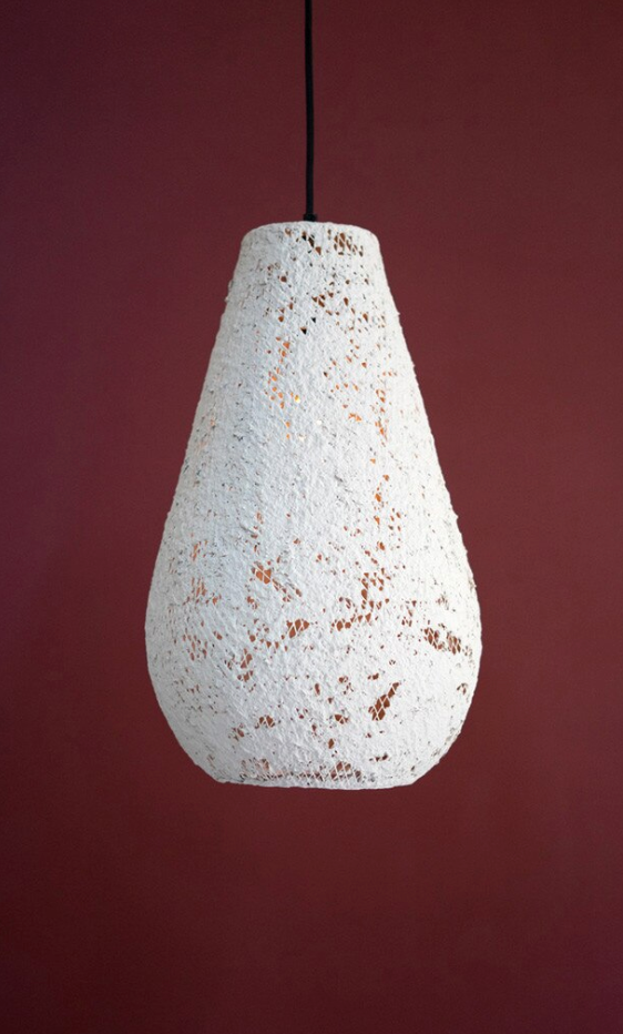 Small White Paper Mache and Metal Hanging Tear Drop Pendant Light