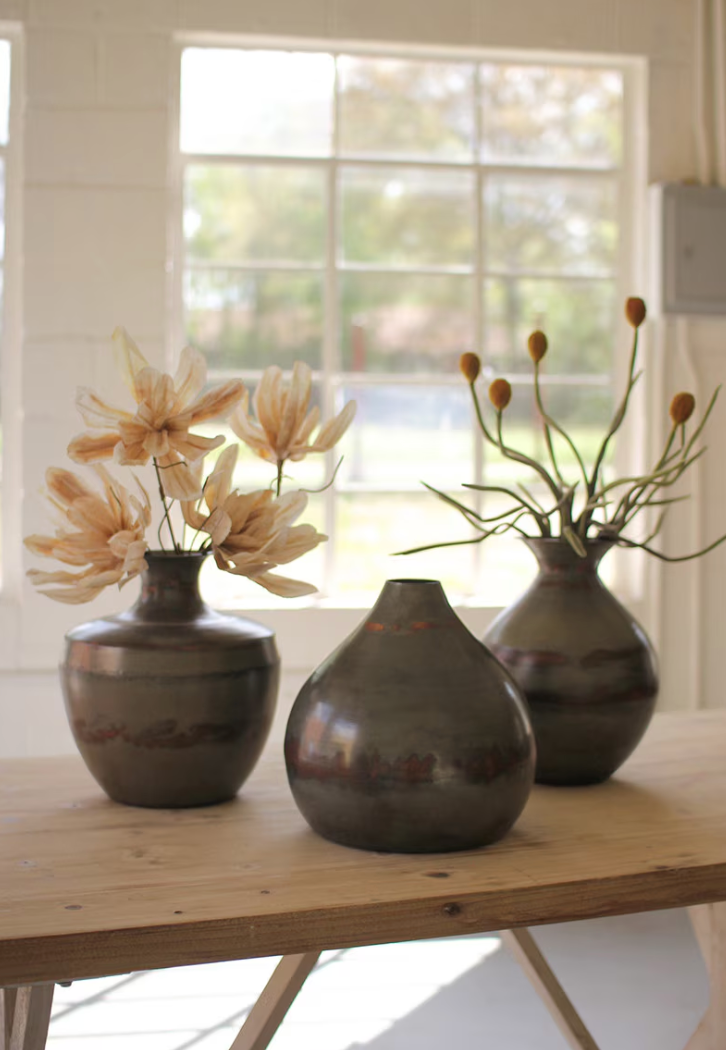 3 Raw Metal Vases with Copper Detail