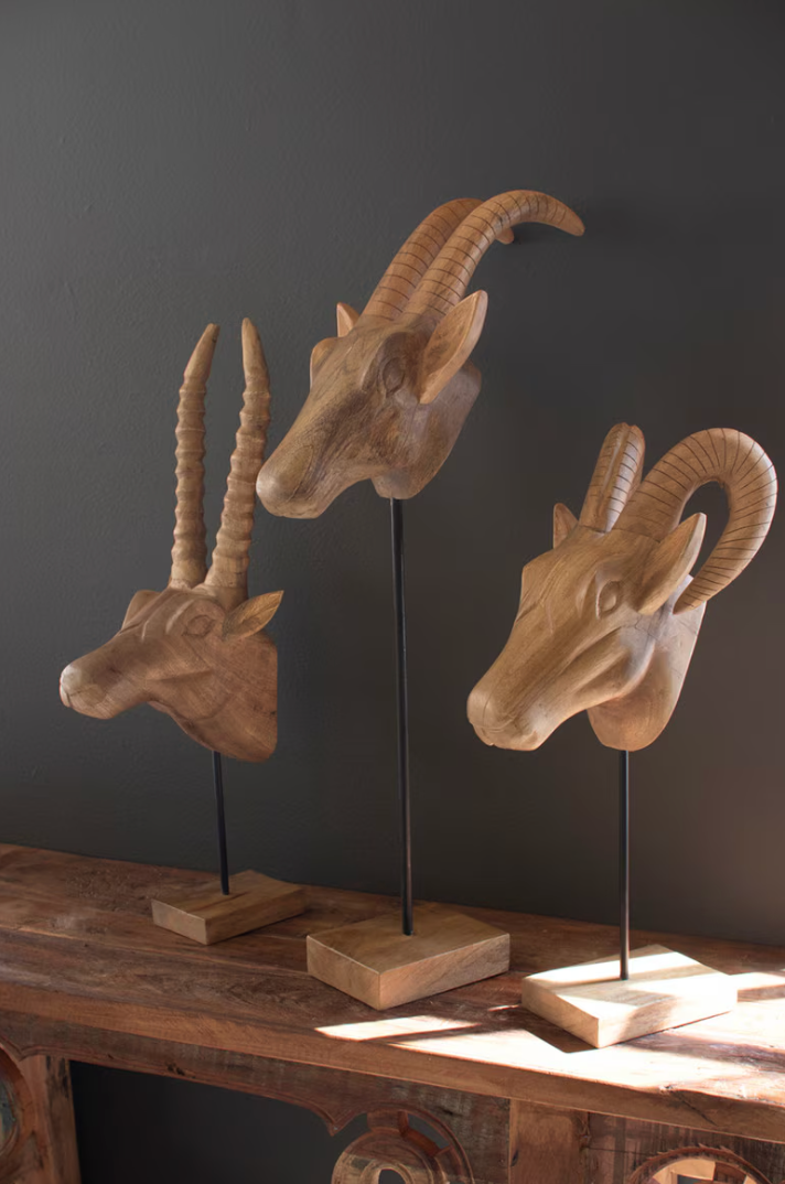Set of 3 Carved Mango Wood African Animal Heads