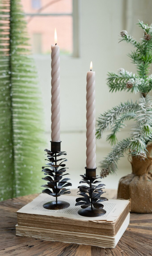 Set of two antique brown metal pine cone taper candle holders