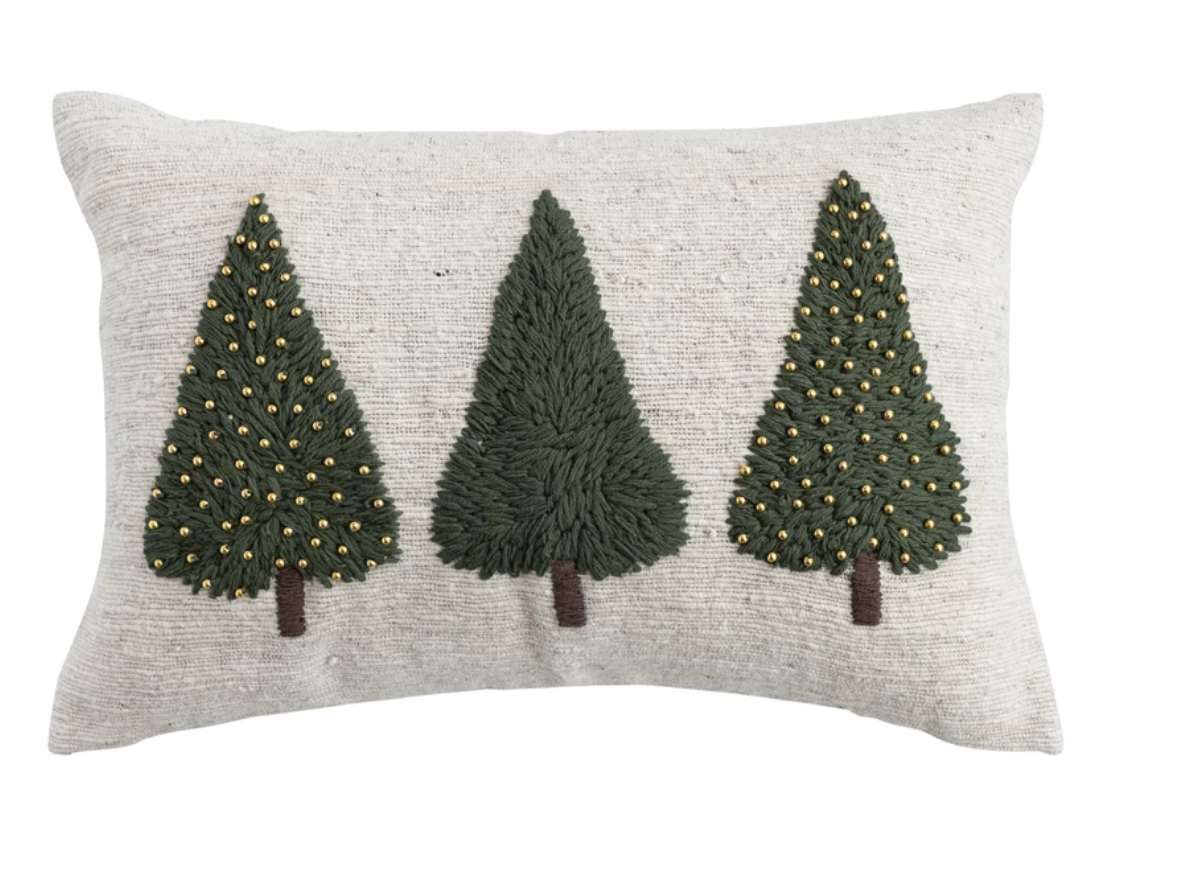 Hand-Woven & Wool Lumbar Pillow with Embroidered Trees & Beads