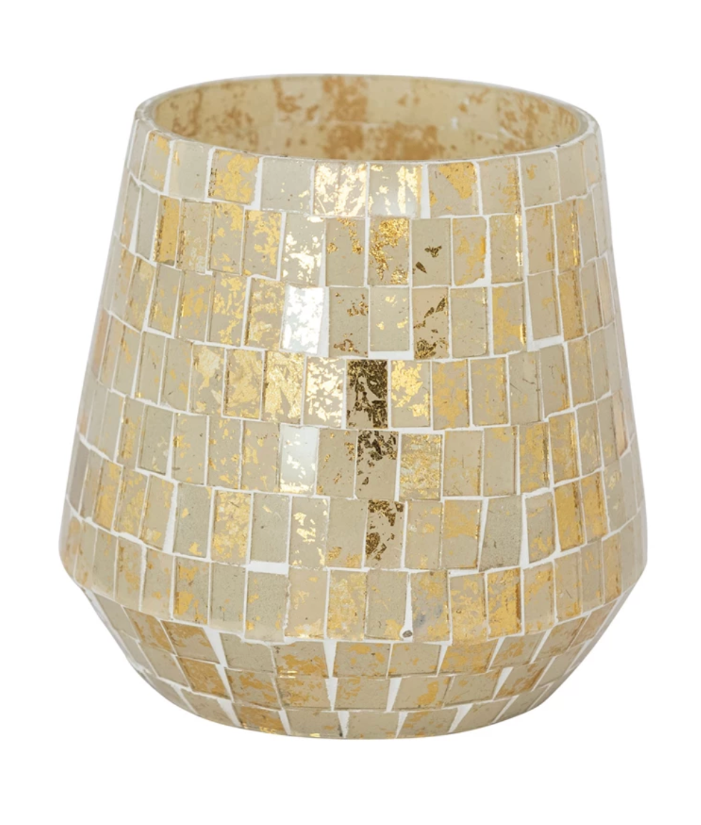 Glass Mosaic Tealight/Votive Holder, Beige & Gold Finish