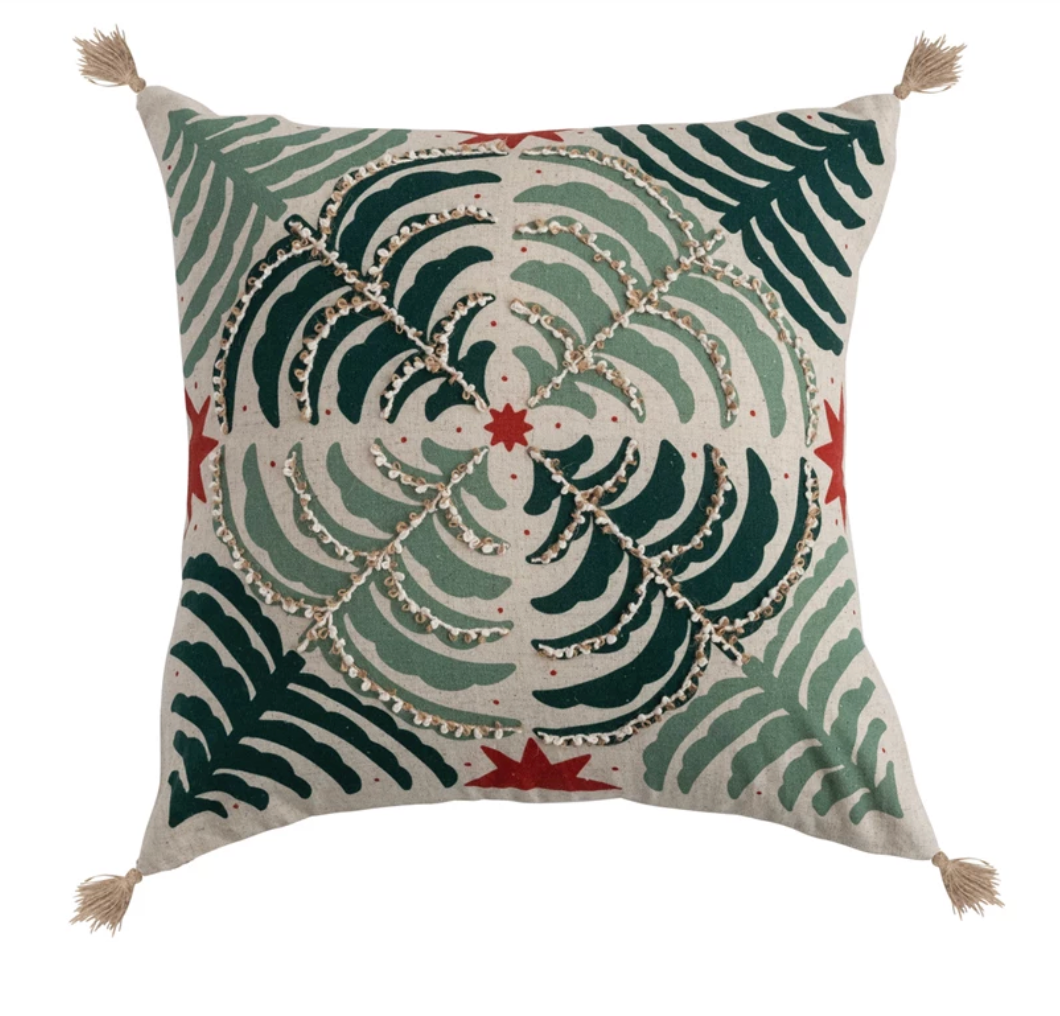 18" Square Cotton & Linen Printed Pillow with Jute Tassels