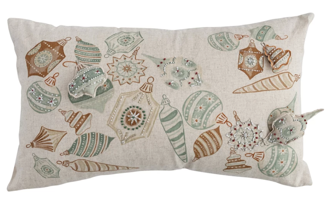 Lumbar Pillow with Holiday Ornament Pattern, Beads & 3D Ornaments