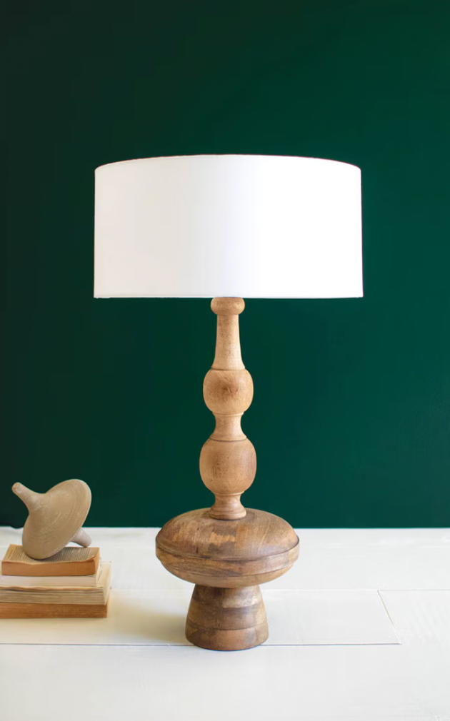 Turned Wood Table Lamp with Off-White Barrel Shade