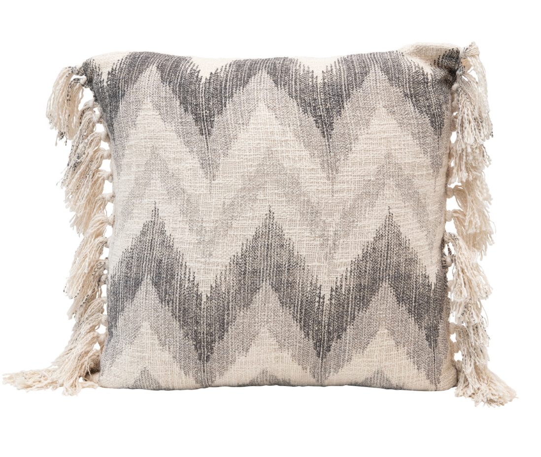 20" Stonewashed Cotton Slub Pillow w/ Chevron Print & Fringe, Polyester Fill