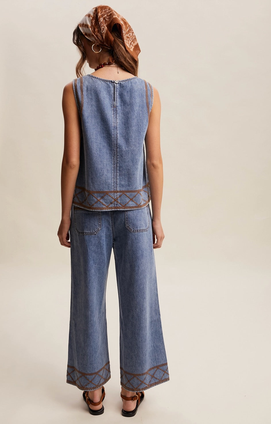 Embroidered Denim Tank & Wide-Leg Pants Set