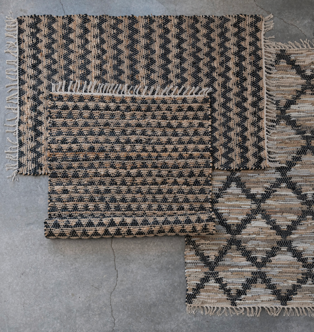 Chindi & Leather Rug w/ Pattern & Fringe, Black & Natural