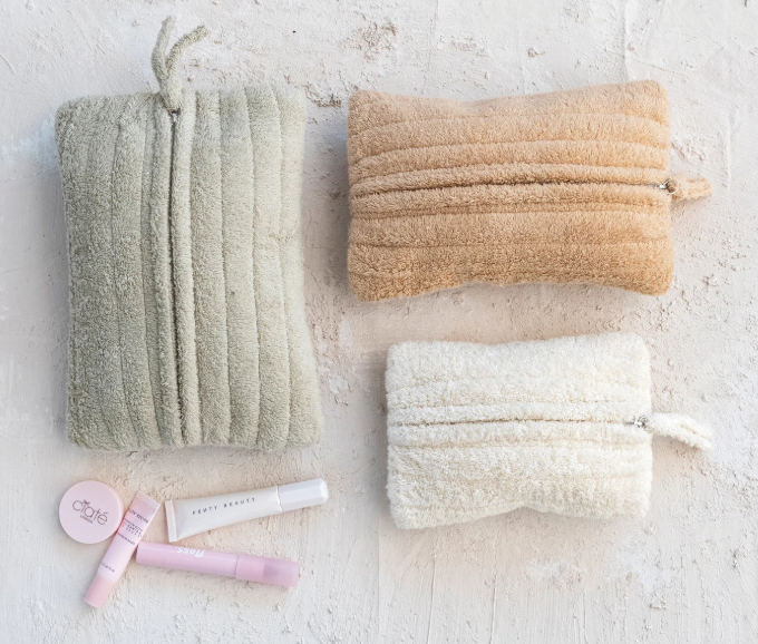 Quilted Cotton Terry Zip Pouches w/ Cotton Lining, 3 Colors, Set of 3