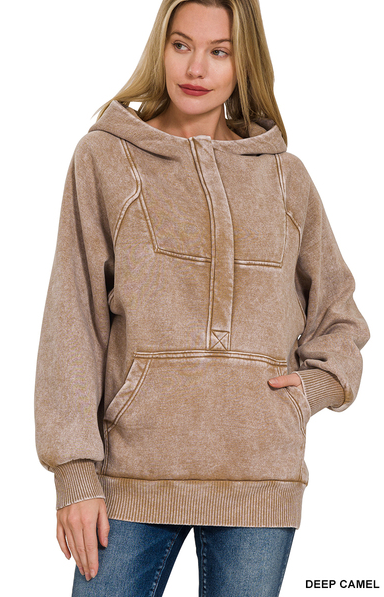 Acid wash fleece oversized 1/4 zip kangaroo hoodie - Deep Camel