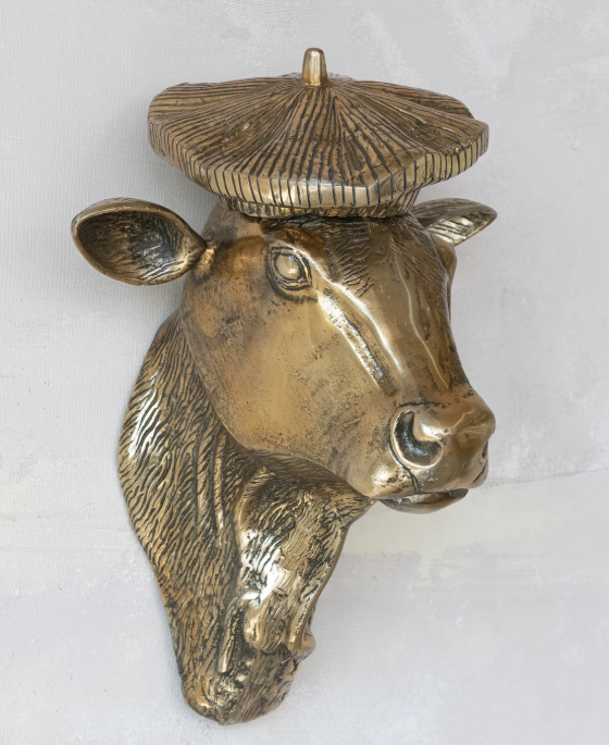 Cast Aluminum Cow Head with Beret Wall Décor, Antique Gold Finish