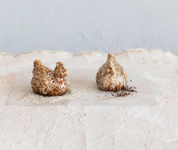 Stoneware Hen Shaped Salt & Pepper Shakers, Set of 2 (Each One Will Vary)