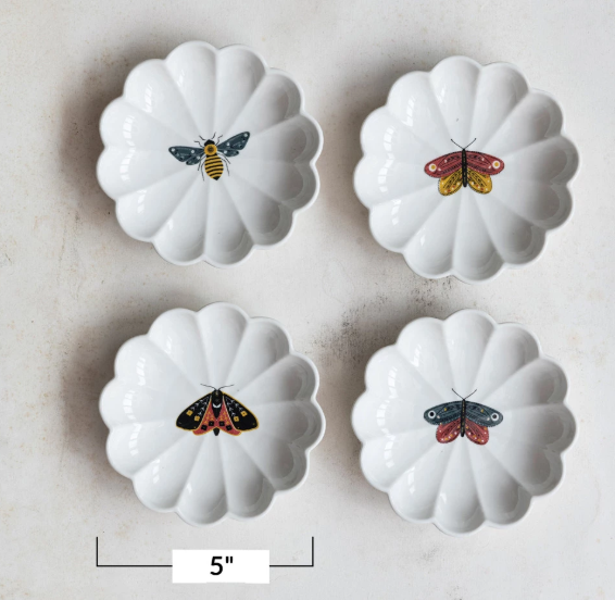5" Round Stoneware Scalloped Dish w/ Insect, 4 Styles
