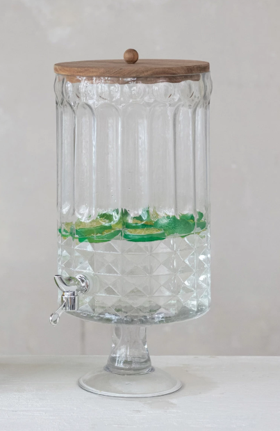 8 Quart Glass Footed Beverage Dispenser with Spout & Lid