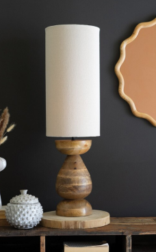 Mango Wood Table Lamp with Fabric Cylinder Shade