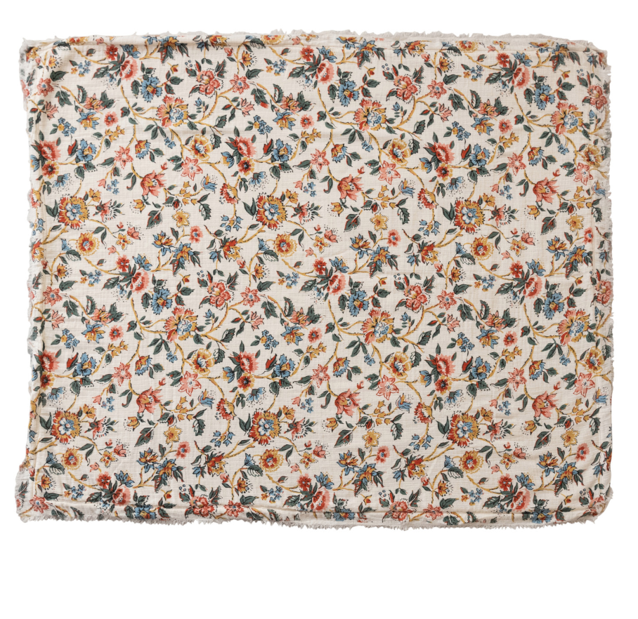 Woven Cotton Printed Throw w/ Sherpa Back, Flower Pattern & Fringe