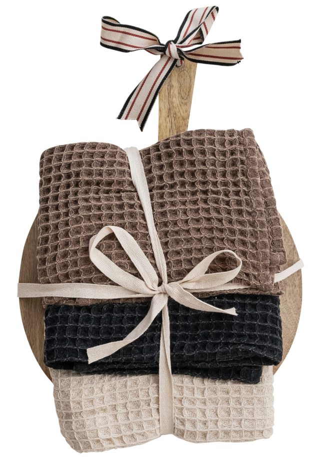 (3) Waffle Weave Tea Towels w/ Mango Wood Cheese/Serving Board, Set of 4 Tied w/ Cotton Tape