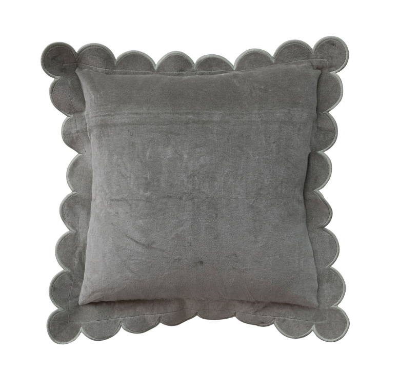 18" Square Cotton Velvet Pillow with Scalloped Flange & Stitched Edge, Green