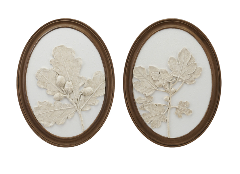 Oval Wood Framed Wall Decor with Plaster Cast Leaves & Acorns, White & Brown, 2 Styles