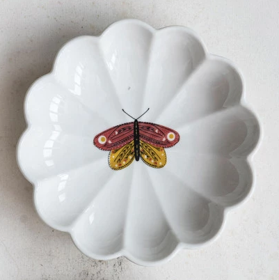 5" Round Stoneware Scalloped Dish w/ Insect, 4 Styles