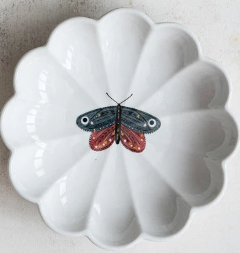 5" Round Stoneware Scalloped Dish w/ Insect, 4 Styles
