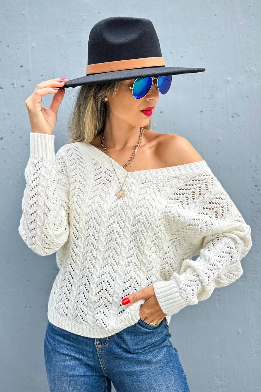 Ivory Textured Twist Detail Back Knitted Sweater Top