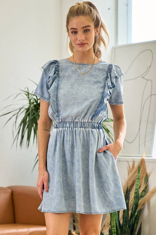Short Sleeve Ruffle Denim Dress - 26840D
