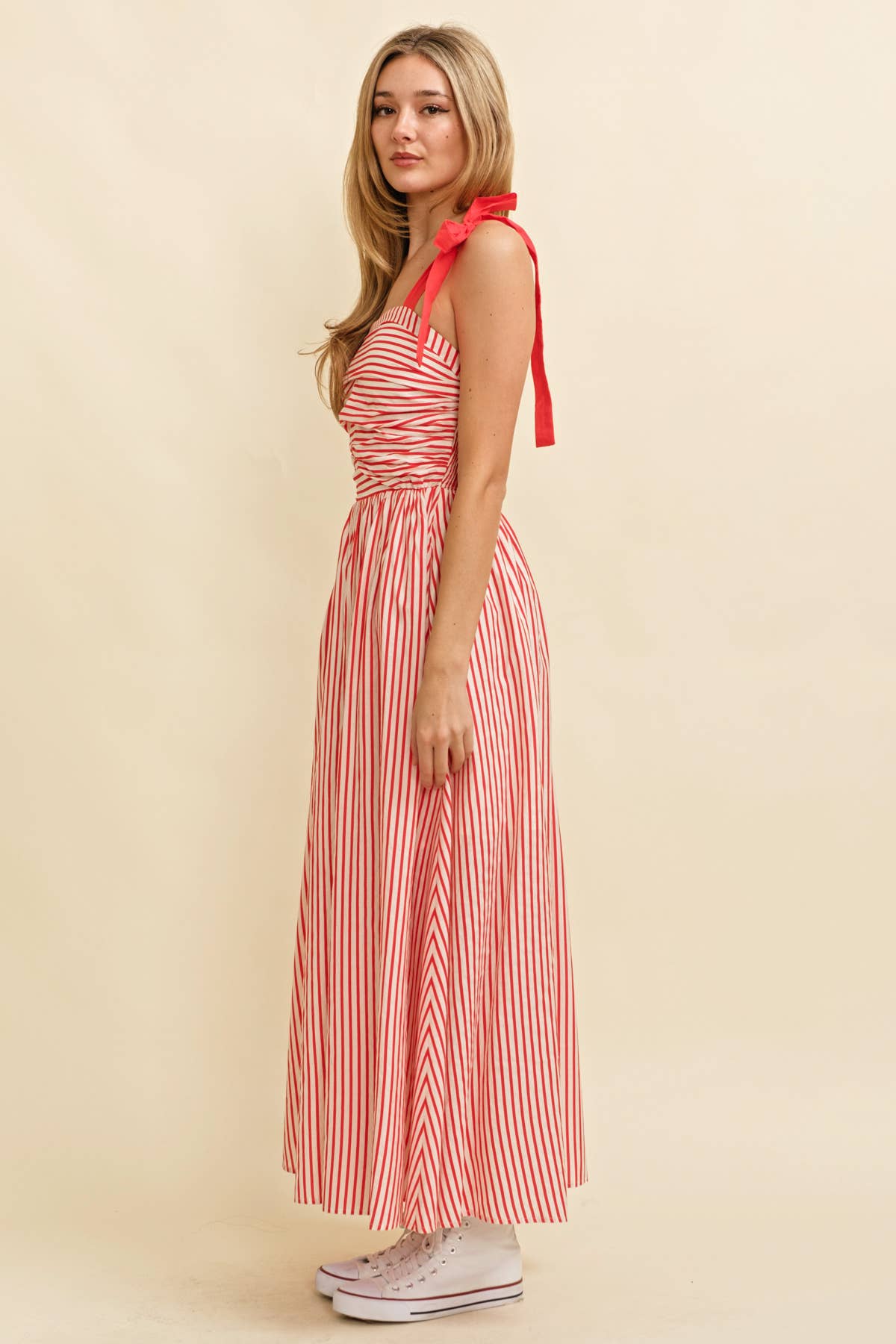 CD13260A - SHOULDER TIE STRIPED MAXI DRESS