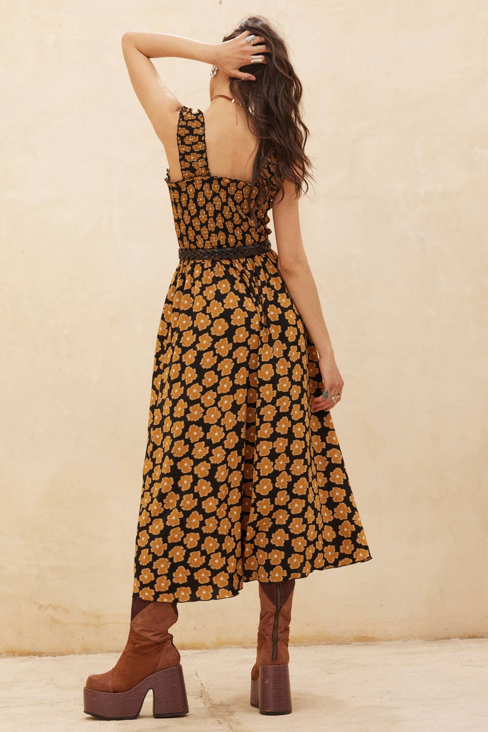 Floral-Print Fit-and-Flare Smocked Midi Dress